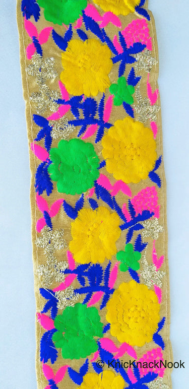 Wholesale Trim In Yellow And Green & Gold Floral Embroidery Trim, Approx. 10cm wide, Indian Embroidered Trim Trim by 9 Yards Decorative Trim